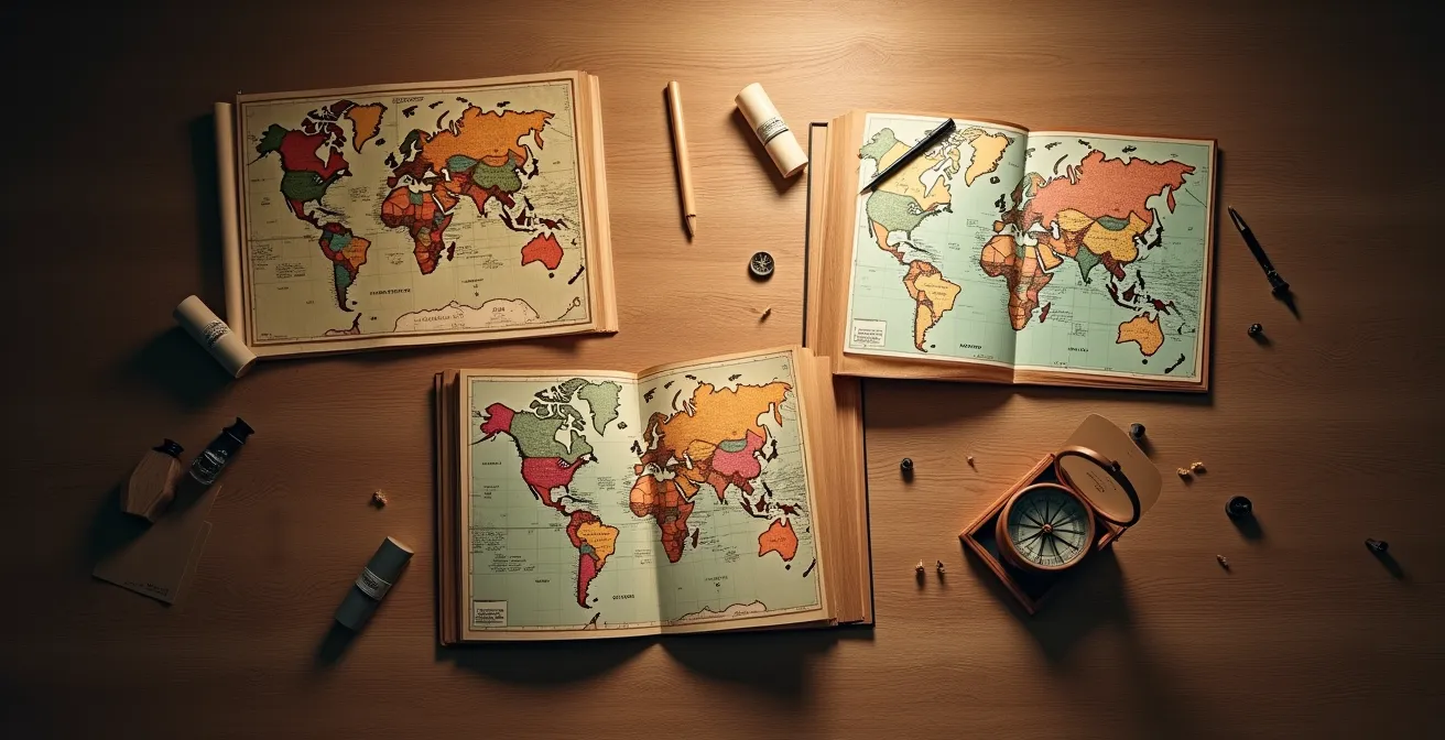 Processus de sélection de destinations avec cartes et critères de choix