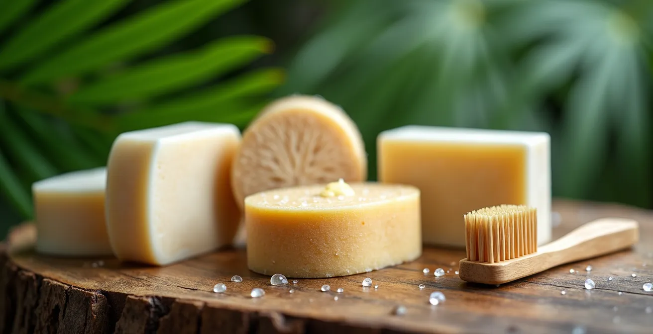 Collection de produits cosmétiques solides et naturels pour voyageur écoresponsable