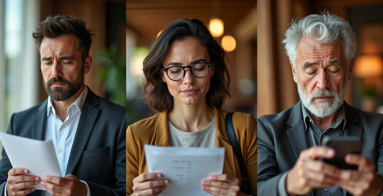 Trois types de voyageurs face à des hébergements atypiques illustrant l'anxiété, le besoin social et la recherche de confort absolu.