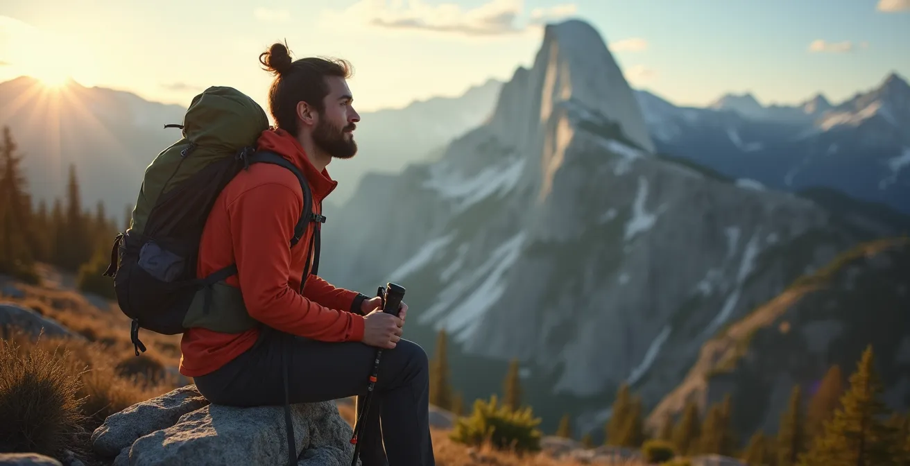 Portrait d'un randonneur en moment d'introspection face au paysage montagnard