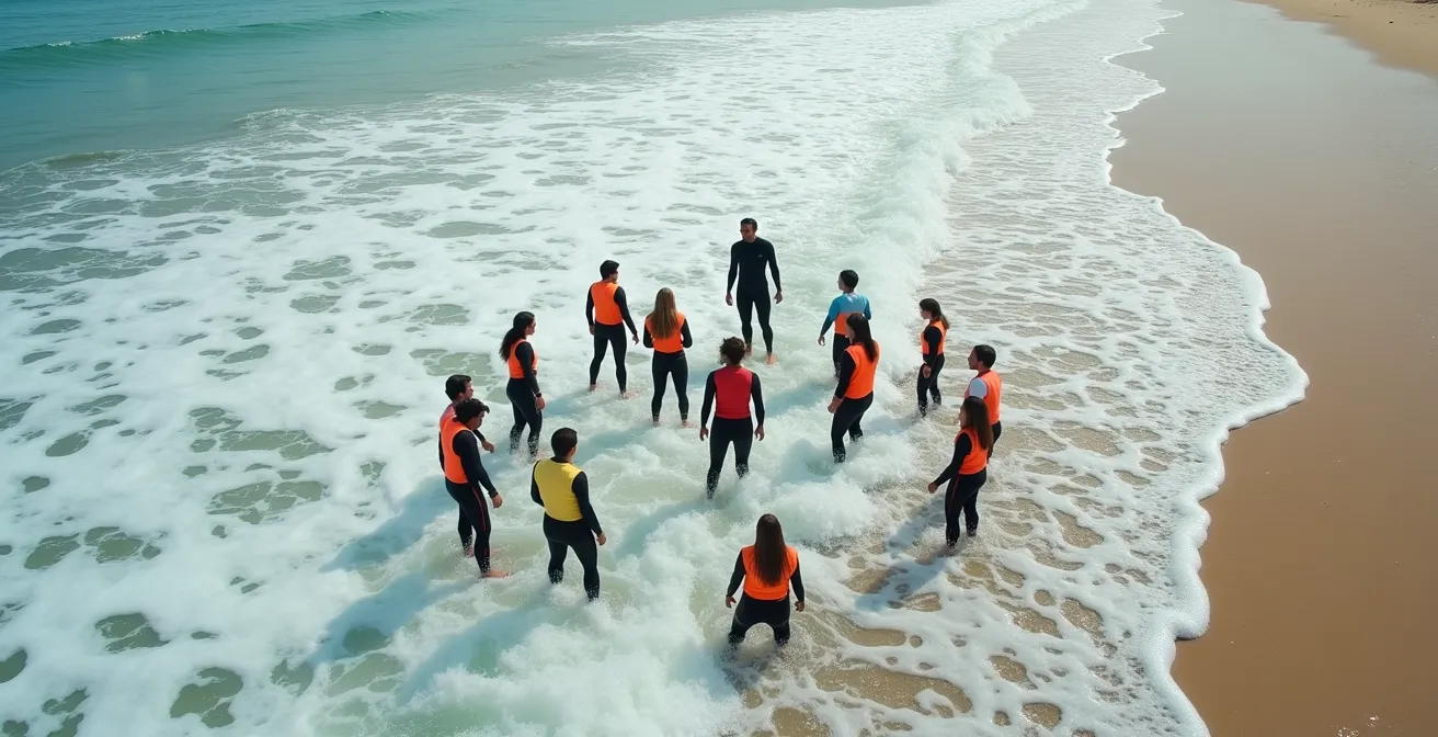 Vue aérienne d'un cours de surf montrant le ratio moniteur-élèves optimal