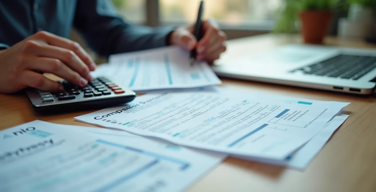 Bureau avec documents de réclamation et calculatrice montrant le processus d'indemnisation