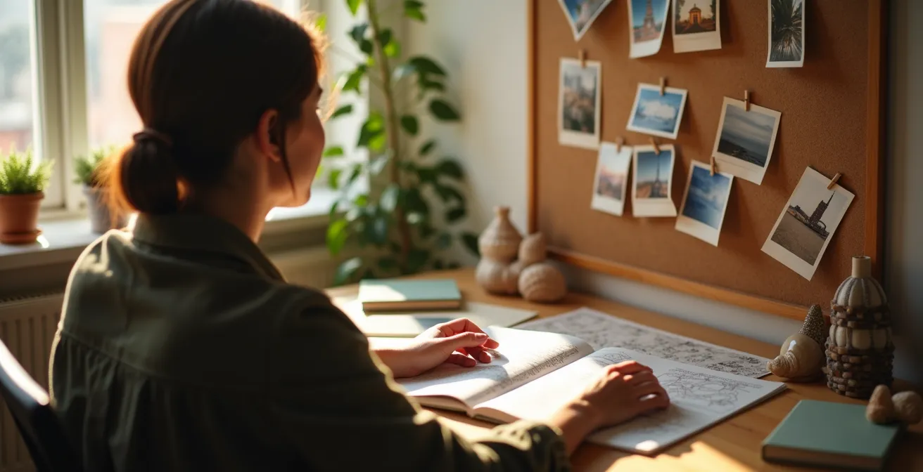 Bureau avec souvenirs de voyage et nouveau projet en préparation