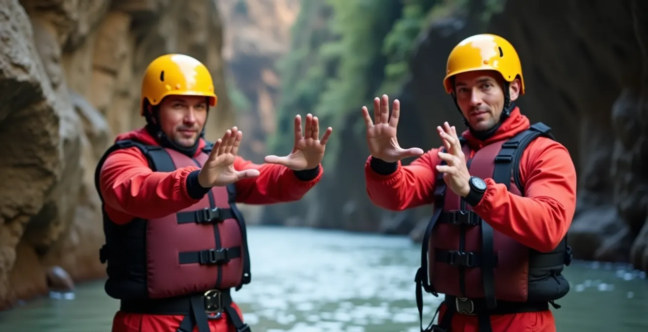 Démonstration des signes de communication universels en sports d'aventure