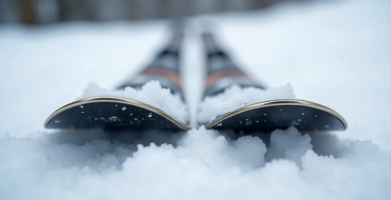 Comparaison visuelle entre skis experts rigides et skis intermédiaires flexibles sur neige