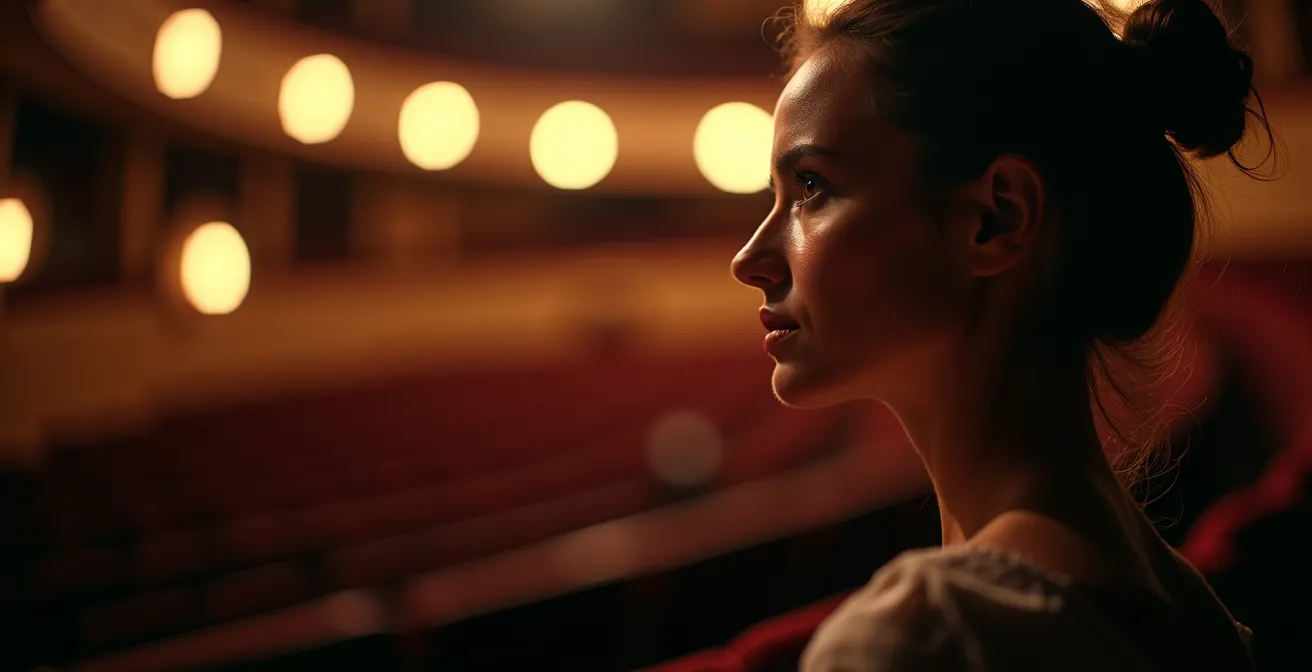 Spectateur de profil regardant vers la scène avec écrans de surtitrage flous en arrière-plan