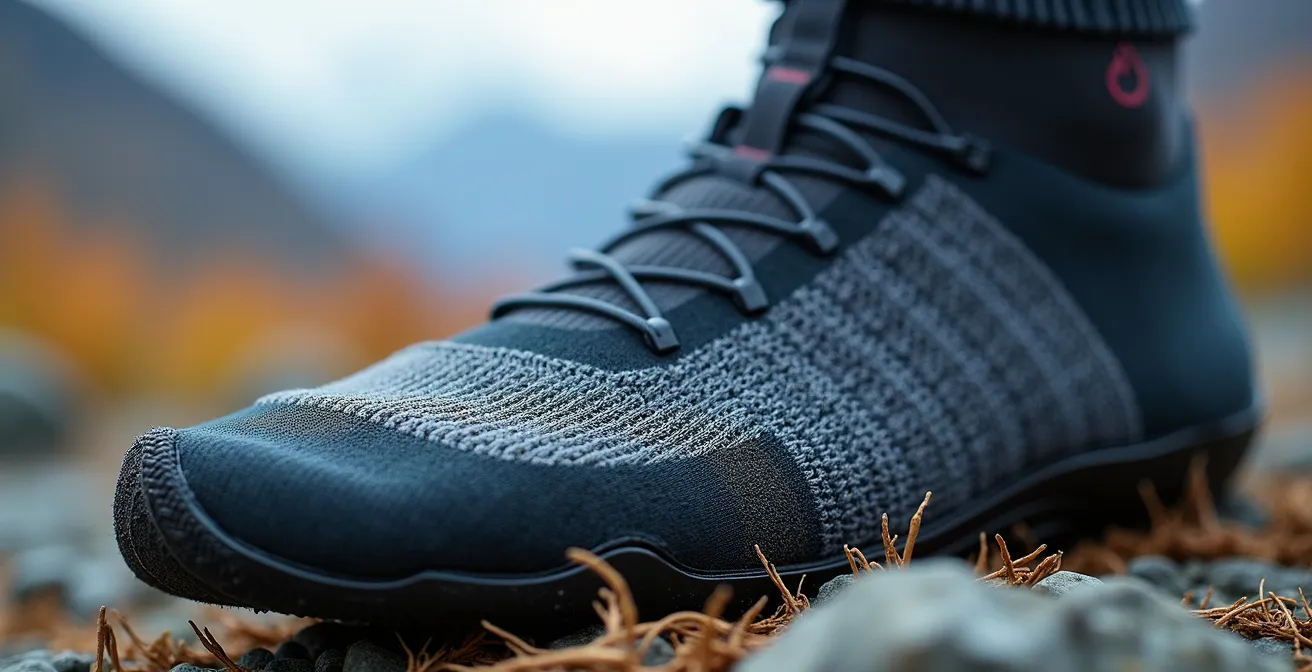 Détail macro d'un système de protection des pieds avec chaussettes techniques et laçage optimisé