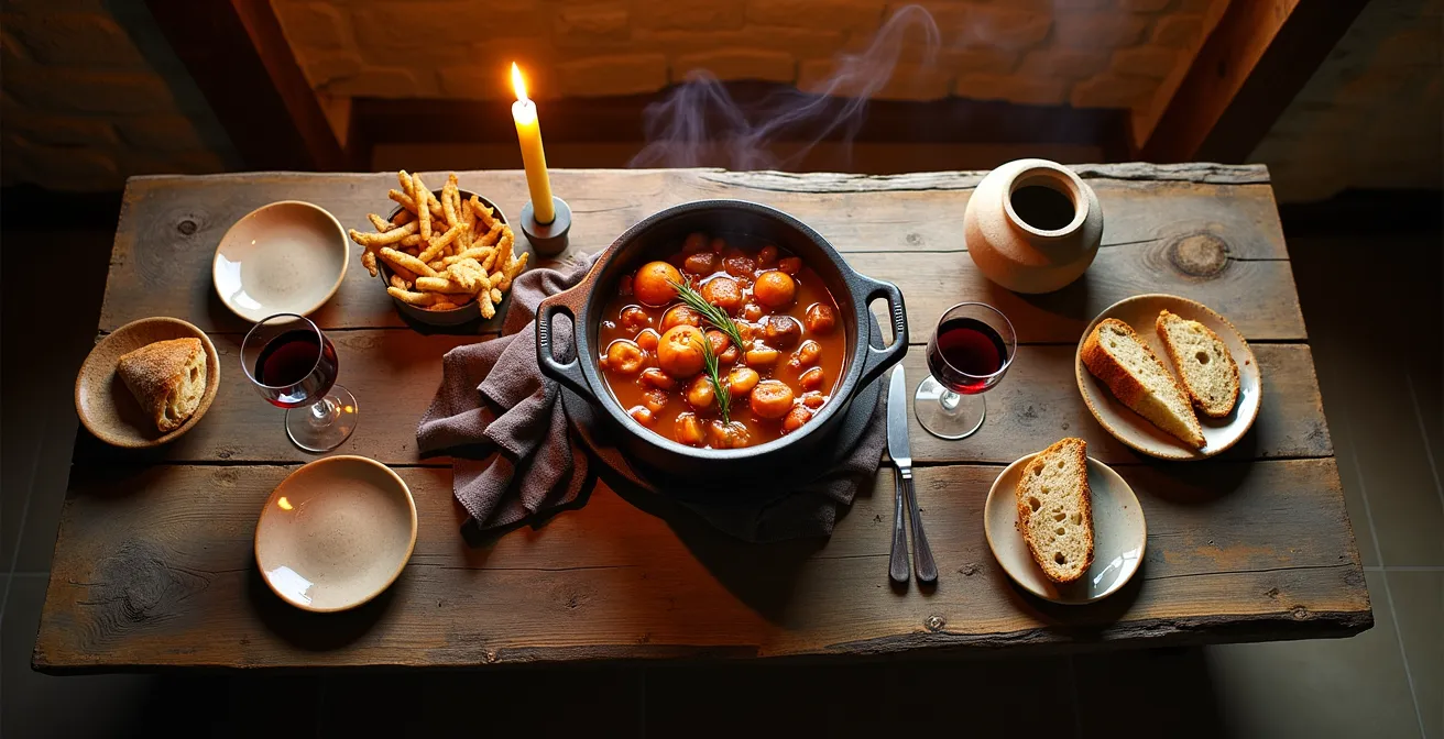 Grande table en bois rustique avec un plat mijoté traditionnel au centre entouré de convives dans une ferme-auberge authentique