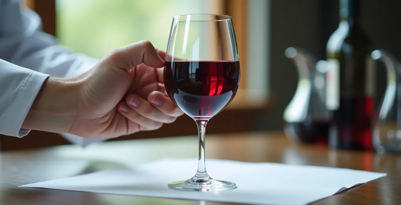 Gros plan sur une main tenant un verre de vin rouge avec crachoir professionnel en arrière-plan