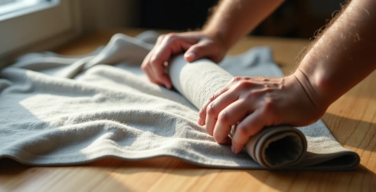 Mains expertes roulant un t-shirt en technique de compression sur surface de bois naturel