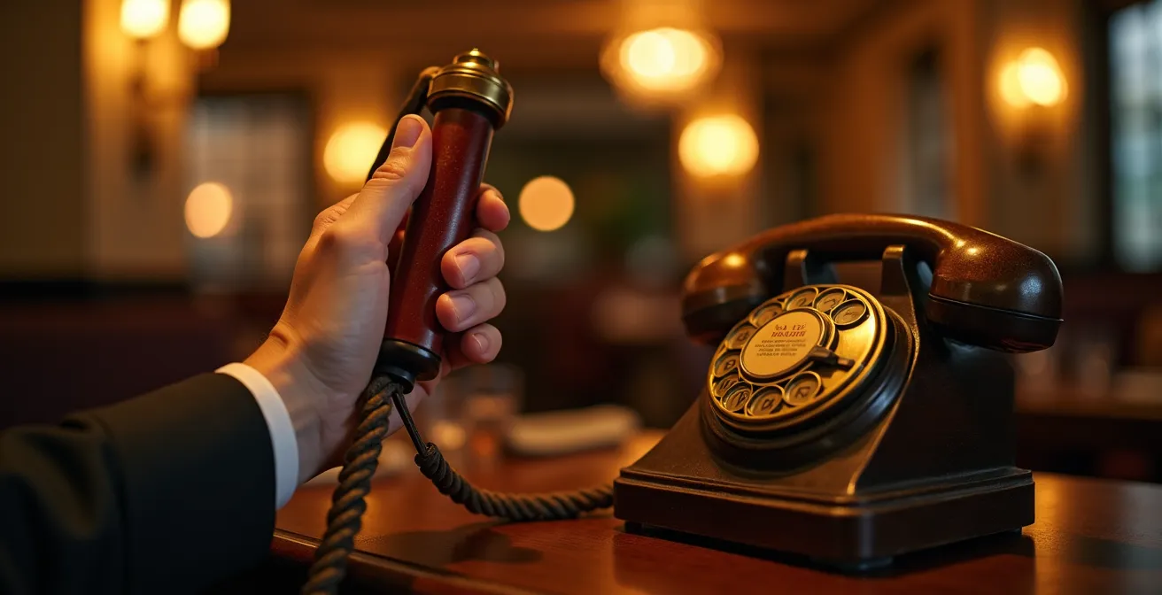 Main tenant un téléphone vintage dans un restaurant chic, lumière tamisée