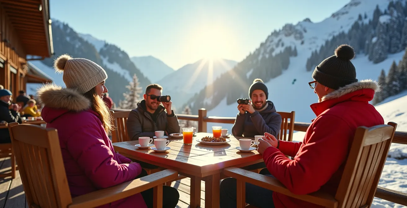 Terrasse ensoleillée de restaurant d'altitude avec spectateurs observant les skieurs, ambiance conviviale montagnarde