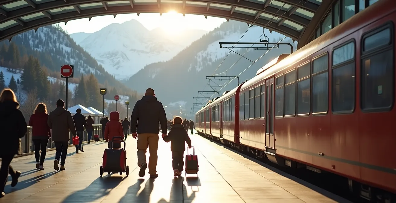 Gare TGV moderne en montagne avec navettes et téléphériques visibles en arrière-plan pour rejoindre les stations