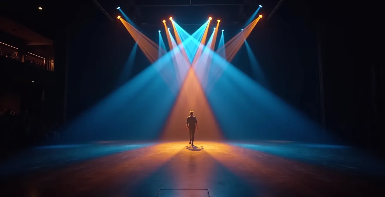 Vue aérienne d'une salle de concert montrant la zone de mixage idéale au centre