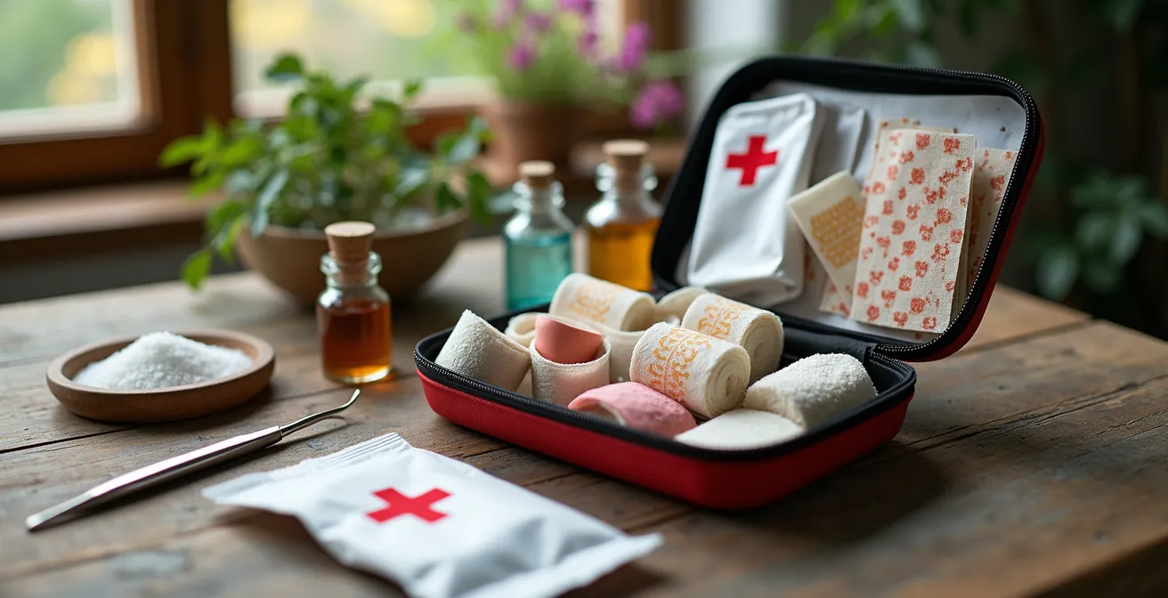 Trousse de premiers secours ouverte avec matériel médical organisé sur table en bois