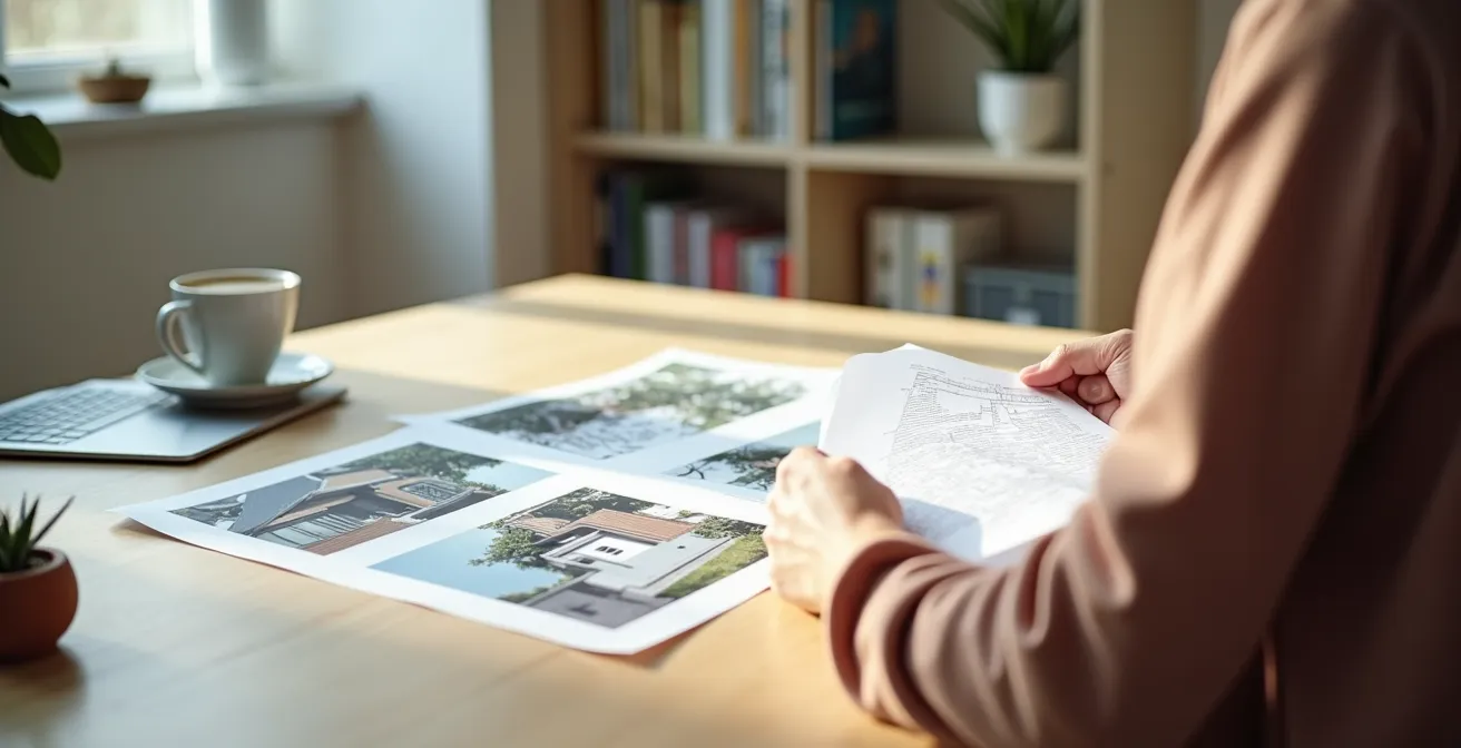 Personne analysant attentivement des documents de location sur une table avec café et plante verte