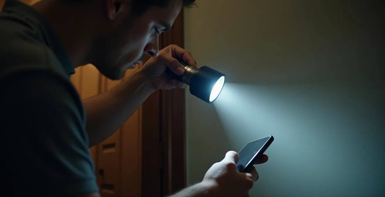 Personne inspectant méticuleusement différents points d'un logement de location avec une lampe torche
