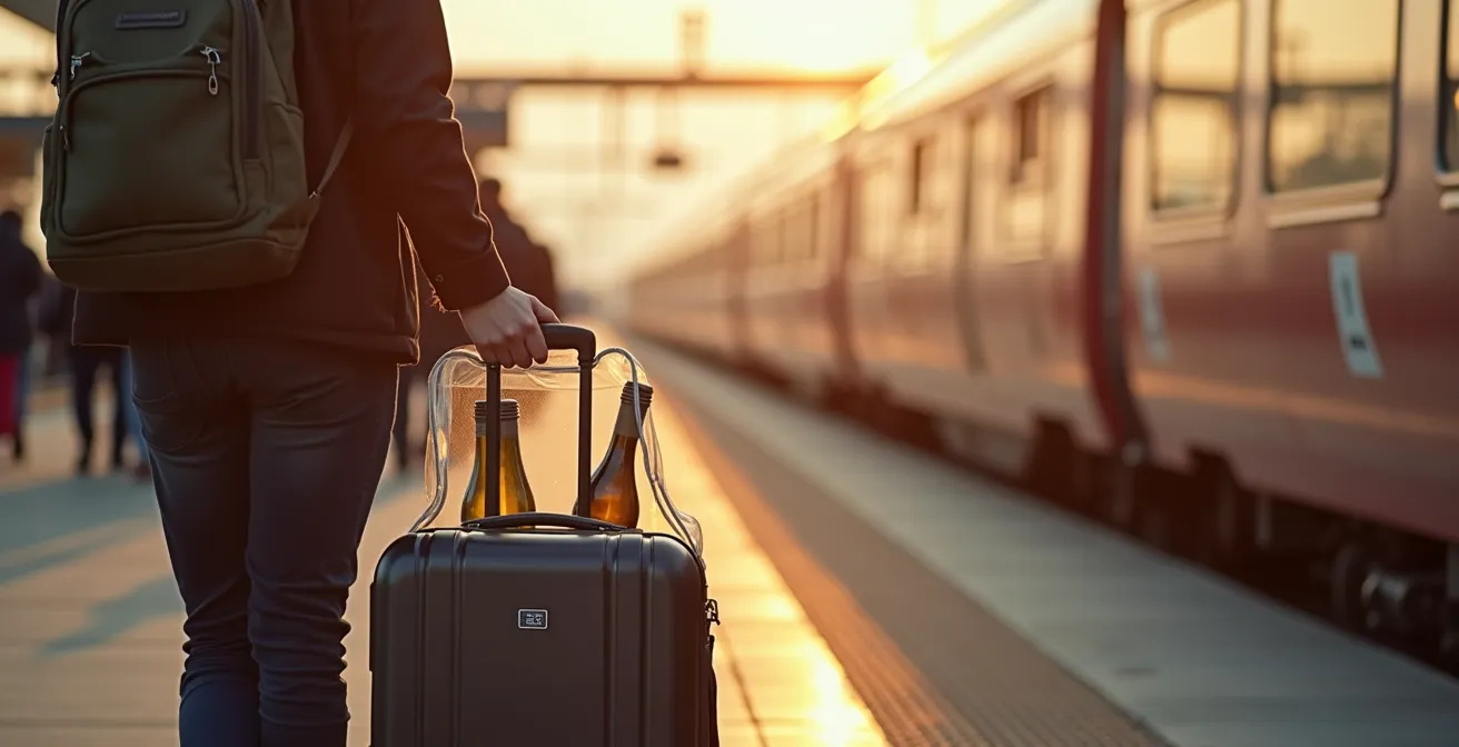 Voyageur détendu embarquant dans un TGV avec plusieurs valises et sacs sans restriction