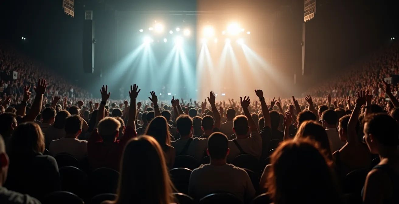 Vue en contre-plongée montrant la différence entre la fosse et les gradins lors d'un concert