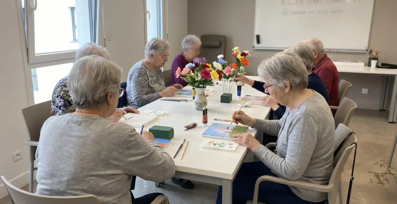 Résidents d'EHPAD participant à un atelier d'art-thérapie dans une salle commune lumineuse