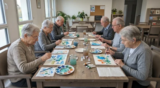 Résidents d'EHPAD participant à un atelier d'art-thérapie dans une salle commune lumineuse