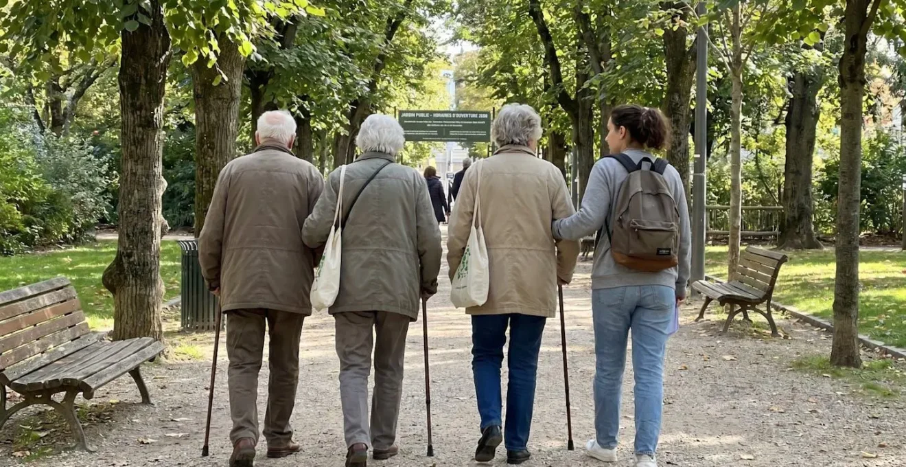 Groupe de résidents d'EHPAD en promenade accompagnée dans un parc public en région parisienne