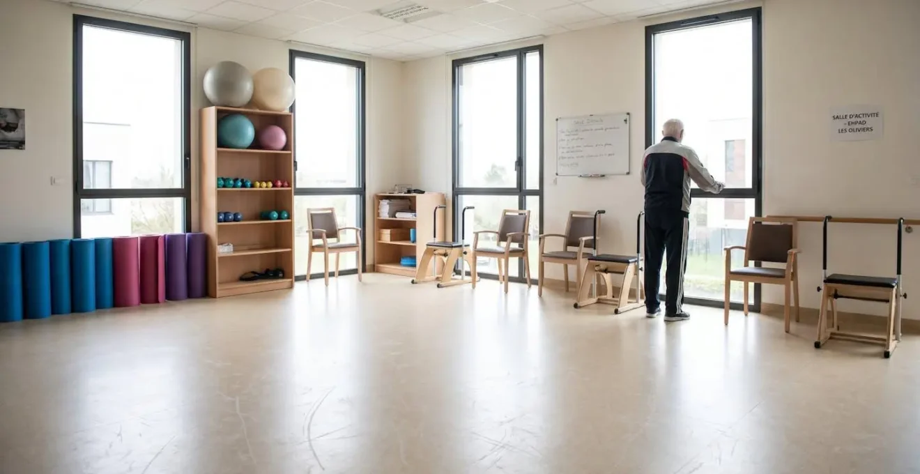 Salle d'activité physique adaptée dans un EHPAD avec équipements de gym douce et lumière naturelle